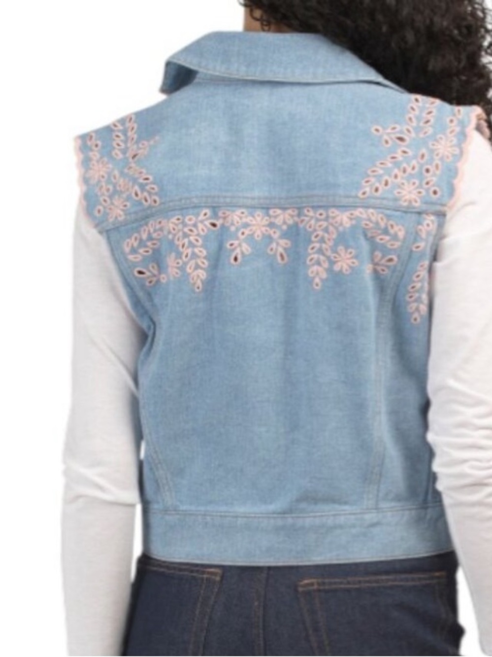 NWT FP x DRIFTWOOD Light Blue pink embroidered Denim vest size medium - Picture 3 of 11